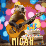 Animated birthday GIF showing a capybara playing guitar and singing beside a birthday cake with the name Micah in large letters and colorful bokeh lights in the background.