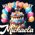 Hand-drawn happy birthday cake adorned with an arch of colorful balloons - name GIF for Michaela