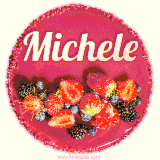 Beautifully decorated red velvet berry birthday cake with vibrant fruits and a glowing 'Michele' name, adding a touch of sweetness and sparkle.