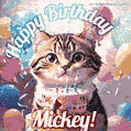 Happy birthday gif for Mickey with cat and cake