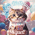 Happy birthday gif for Miguel with cat and cake