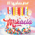 Personalized for Mikaela elegant birthday cake adorned with rainbow sprinkles, colorful candles and glitter