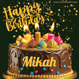 A delightful chocolate birthday cake with bright candles and 'Happy Birthday Mikah' written in gold amidst a shower of animated stars.