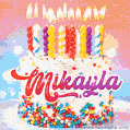 Personalized for Mikayla elegant birthday cake adorned with rainbow sprinkles, colorful candles and glitter