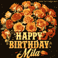 Beautiful bouquet of orange and red roses for Mila, golden inscription and twinkling stars