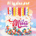 Personalized for Mia elegant birthday cake adorned with rainbow sprinkles, colorful candles and glitter