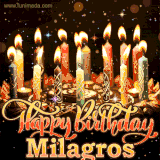 A glowing personalized birthday GIF with name Milagros featuring lit candles with intricate designs, warm lighting, and the text 'Happy Birthday' in an elegant font.