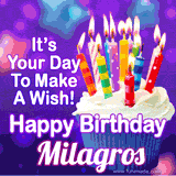 A colorful birthday GIF for Milagros featuring a cupcake with vibrant lit candles and the text 'It's Your Day to Make a Wish! Happy Birthday Milagros' in bold letters on a festive purple background.
