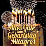 A chocolate birthday cake with glowing candles, the German text 'Alles Gute zum Geburtstag Milagros,' and vibrant fireworks lighting up the background in an animated GIF.