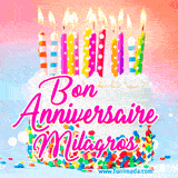 A white birthday cake covered in colorful sprinkles, topped with bright candles, and French text 'Bon Anniversaire Milagros' on a pastel gradient background in an animated GIF.