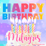 A vibrant animated name GIF with the words 'Happy Birthday Milagros' with colorful candles on a creamy cake. The background sparkles with pastel shades, adding a festive touch.