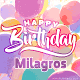 A vibrant name GIF featuring colorful balloons in shades of pink, orange, and yellow with the bold text 'Happy Birthday Milagros' in festive fonts, creating a lively birthday vibe.