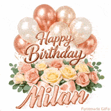 Elegant 3D rose gold text saying Happy Birthday Milan surrounded by balloons