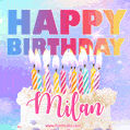 Animated Happy Birthday Cake with Name Milan and Burning Candles