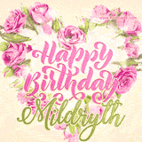 A stunning heart made of pink roses surrounds the elegant script text 'Happy Birthday Mildryth' on a soft beige background. Animated sparkles add a magical and festive feel.
