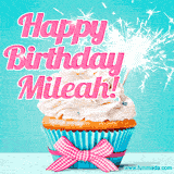 A festive cupcake with pink icing, a gingham bow, and a lit animated sparkler, paired with 'Happy Birthday Mileah!' in bright pink text.