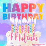 A vibrant animated name GIF with the words 'Happy Birthday Mileah' with colorful candles on a creamy cake. The background sparkles with pastel shades, adding a festive touch.