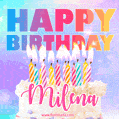 Animated Happy Birthday Cake with Name Milena and Burning Candles