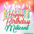 Happy Birthday GIF for Milicent with Birthday Cake and Lit Candles