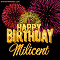 Wishing You A Happy Birthday, Milicent! Best fireworks GIF animated greeting card.