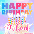 Animated Happy Birthday Cake with Name Milicent and Burning Candles