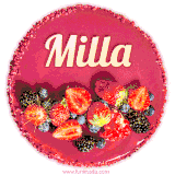 Beautifully decorated red velvet berry birthday cake with vibrant fruits and a glowing 'Milla' name, adding a touch of sweetness and sparkle.