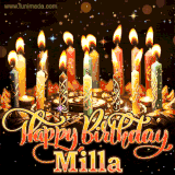 A glowing personalized birthday GIF with name Milla featuring lit candles with intricate designs, warm lighting, and the text 'Happy Birthday' in an elegant font.