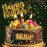 A delightful chocolate birthday cake with bright candles and 'Happy Birthday Milla' written in gold amidst a shower of animated stars.