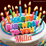 A colorful birthday cake topped with lit candles, with the words 'Happy Birthday Milla' in bold glowing letters on a burgundy background. Animated flames add a festive touch.