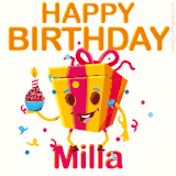 A vibrant and funny gift box character with a happy face dancing with a cupcake and the text 'Happy Birthday Milla,' surrounded by animated confetti and party vibes.