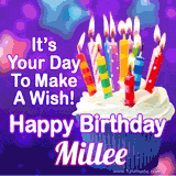 A colorful birthday GIF for Millee featuring a cupcake with vibrant lit candles and the text 'It's Your Day to Make a Wish! Happy Birthday Millee' in bold letters on a festive purple background.