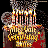 A chocolate birthday cake with glowing candles, the German text 'Alles Gute zum Geburtstag Millee,' and vibrant fireworks lighting up the background in an animated GIF.