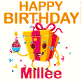 A vibrant and funny gift box character with a happy face dancing with a cupcake and the text 'Happy Birthday Millee,' surrounded by animated confetti and party vibes.