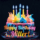 A vibrant animated GIF featuring a colorful rotating birthday cake with bright frosting swirls, glowing candles, and the text 'Happy Birthday Miller!' in rainbow colors.