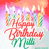 Bright birthday candles with rainbow flames on a cake, alongside the text 'Happy Birthday Milli' in vibrant script in this celebratory animated GIF.