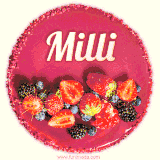 Beautifully decorated red velvet berry birthday cake with vibrant fruits and a glowing 'Milli' name, adding a touch of sweetness and sparkle.