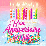 A white birthday cake covered in colorful sprinkles, topped with bright candles, and French text 'Bon Anniversaire Milli' on a pastel gradient background in an animated GIF.