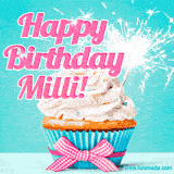 A festive cupcake with pink icing, a gingham bow, and a lit animated sparkler, paired with 'Happy Birthday Milli!' in bright pink text.