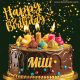 A delightful chocolate birthday cake with bright candles and 'Happy Birthday Milli' written in gold amidst a shower of animated stars.