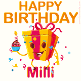 A vibrant and funny gift box character with a happy face dancing with a cupcake and the text 'Happy Birthday Milli,' surrounded by animated confetti and party vibes.