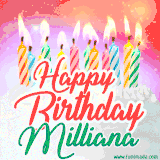 Bright birthday candles with rainbow flames on a cake, alongside the text 'Happy Birthday Milliana' in vibrant script in this celebratory animated GIF.