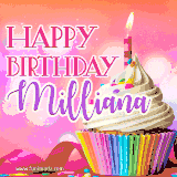 A vibrant birthday GIF featuring a rainbow-colored cupcake topped with white frosting, sprinkles, and a lit candle. The text reads 'Happy Birthday Milliana' in bold pink and violet letters with white outline.
