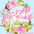 A charming animated GIF featuring 'Happy Birthday Milliana' in pink and green text, surrounded by delicate roses, leaves, and fluttering butterflies on a soft light blue pastel background.