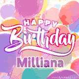 A vibrant name GIF featuring colorful balloons in shades of pink, orange, and yellow with the bold text 'Happy Birthday Milliana' in festive fonts, creating a lively birthday vibe.