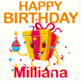 A vibrant and funny gift box character with a happy face dancing with a cupcake and the text 'Happy Birthday Milliana,' surrounded by animated confetti and party vibes.