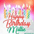 Happy Birthday GIF for Millie with Birthday Cake and Lit Candles