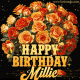 Animated bouquet of orange roses with moving butterfles and golden 'Happy Birthday Millie' text, surrounded by sparkling accents and a dark backdrop for a luxurious feel.