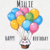 An adorable and cute cupcake with a smiley face and moving colorful balloons create a joyful birthday greeting for Millie in this cheerful animated greeting E-card.