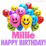 Animated colorful and joyful birthday balloons with cheerful smiles and a bright 'Happy Birthday Millie!' message in pink and purple.