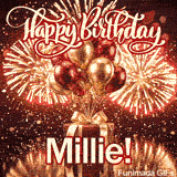 Beautiful ecard for Millie showcasing red and gold helium balloons and spectacular exploding fireworks.